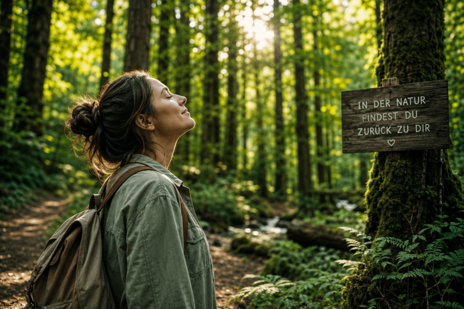 Frau beim Waldbaden in einem ruhigen Wald. Naturaufenthalte können Stress reduzieren und das psychische Wohlbefinden fördern.
